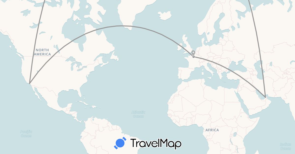 TravelMap itinerary: plane in United Arab Emirates, France, United States (Asia, Europe, North America)